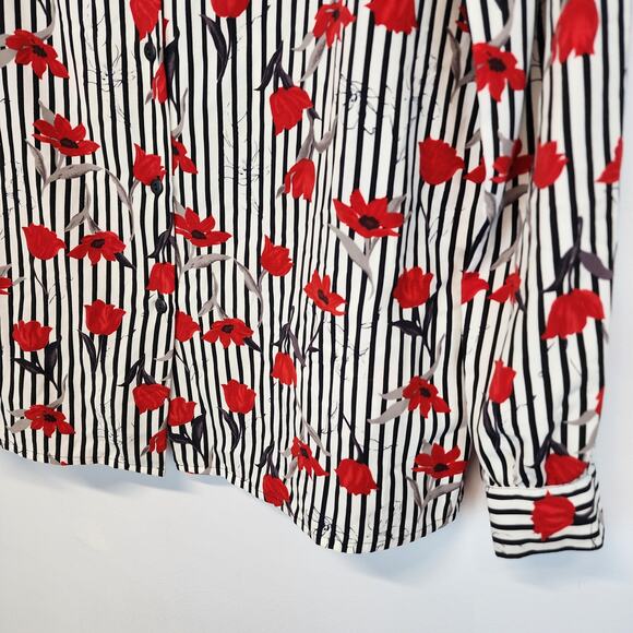 Vintage Alia Rose Print Career Blouse Size 14 Red Stripe Button Up Long Sleeve - Picture 8 of 14
